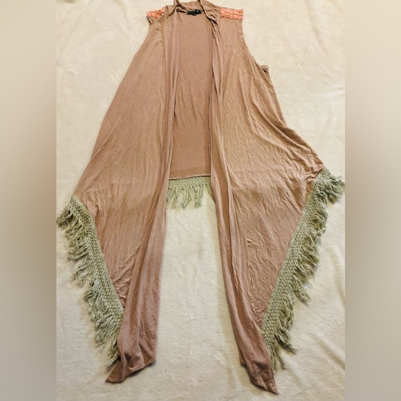 POL Light Brown Sleeveless Cardigan with Fringe GC Size M - Picture 2 of 11
